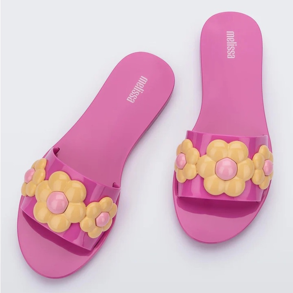 Melissa Jelly Vibrant Pink Slides with Floral Details